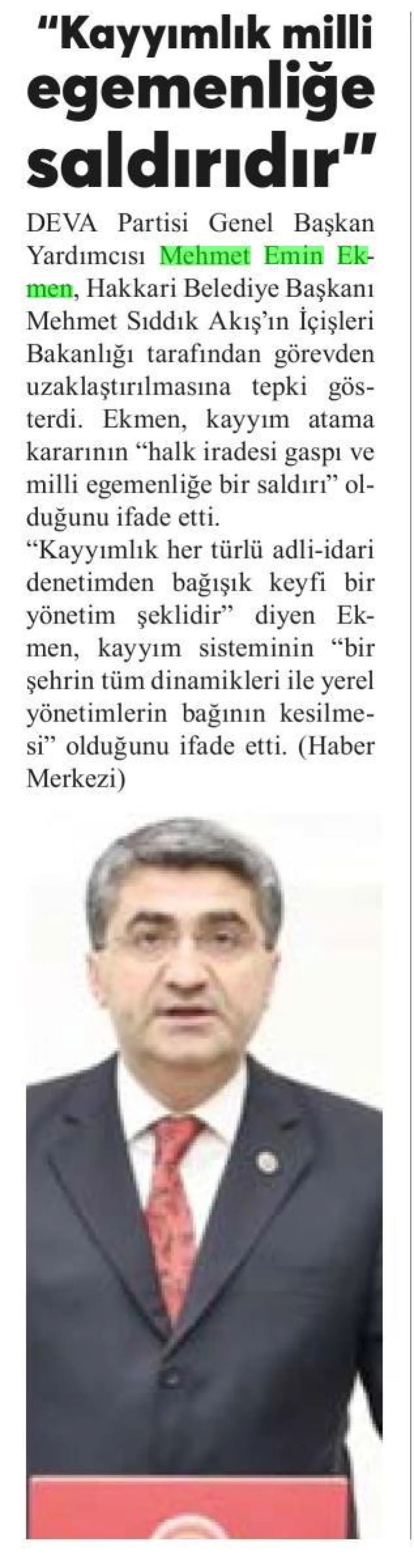 "KAYYIMLIK MİLLİ EGEMENLİĞE SALDIRIDIR" — gazete kupürü