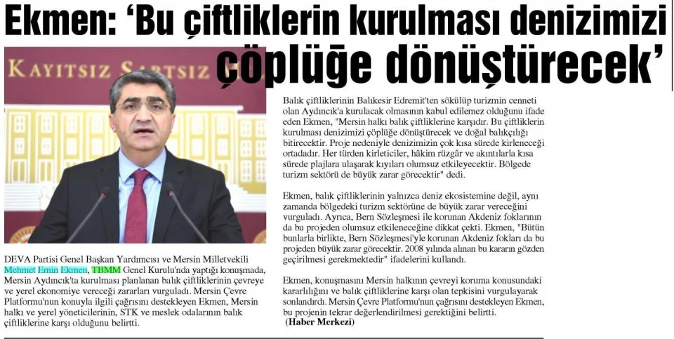 ÇİFTLİKLERİN KURULMASI DENİZİMİZİ ÇÖPLÜĞE DÖNÜŞTÜRECEK — gazete kupürü