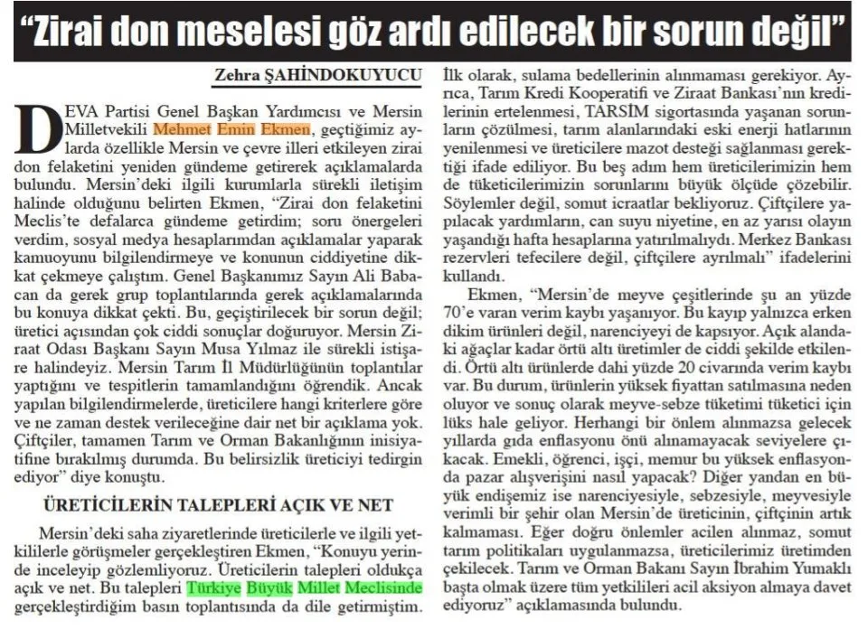 ZİRAİ DON MESELESİ GÖZ ARDI EDİLECEK BİR SORUN DEGIL — gazete kupürü