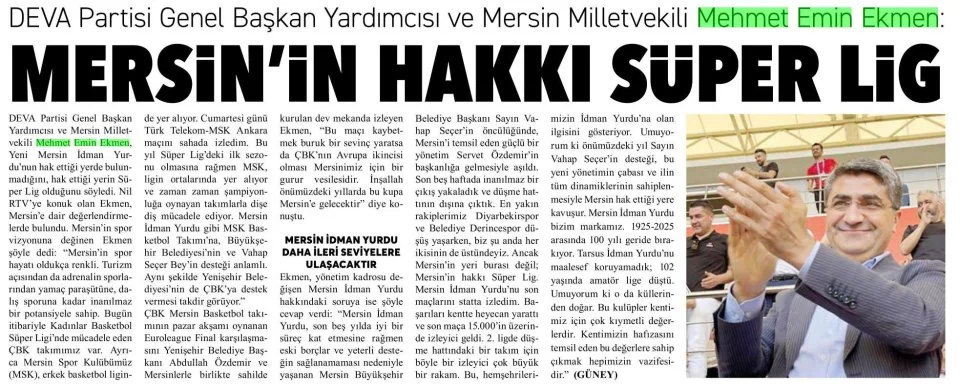 MERSİN'İN HAKKI SÜPER LİG — gazete kupürü