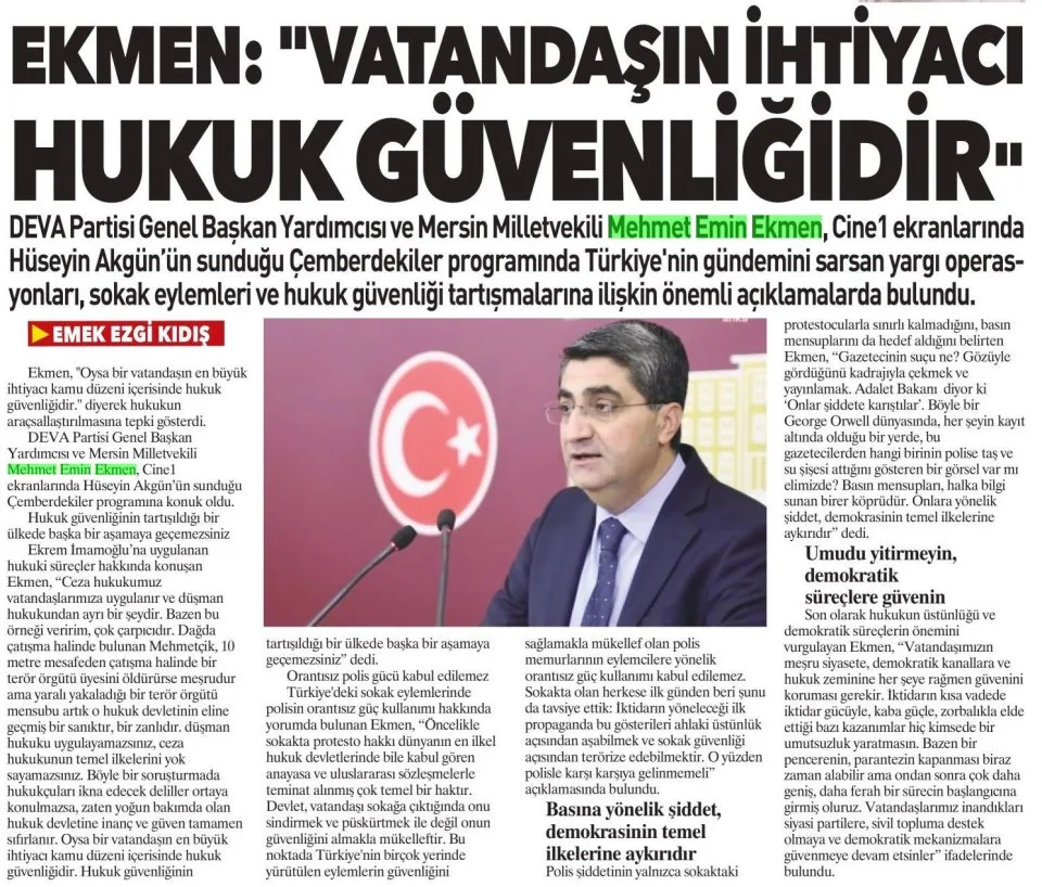 "VATANDAŞIN İHTİYACI HUKUK GÜVENLİĞİDİR" — gazete kupürü