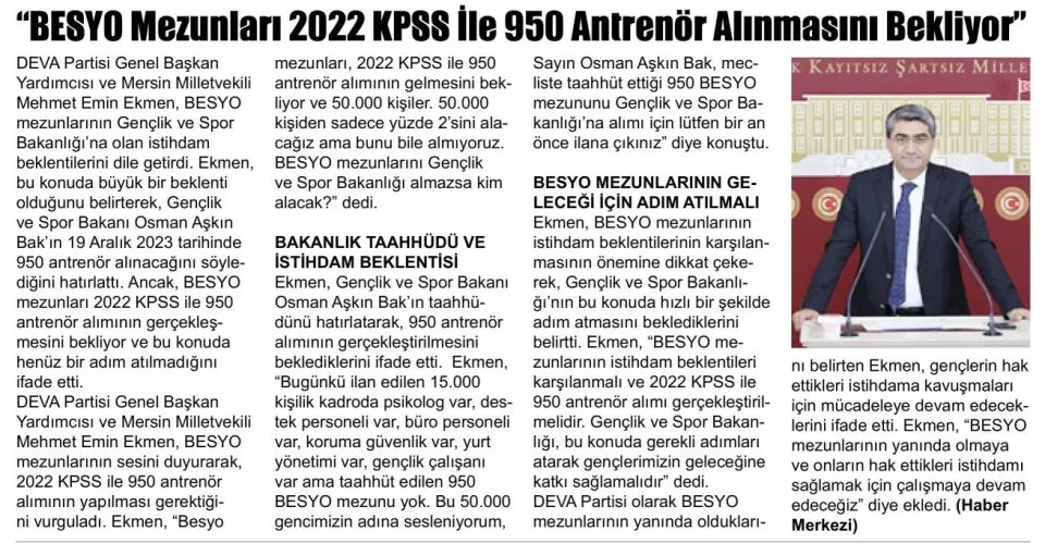 "BESYO MEZUNLARI 2022 KPSS İLE 950 ANTRENÖR ALINMASINI BEKLİYOR" — gazete kupürü