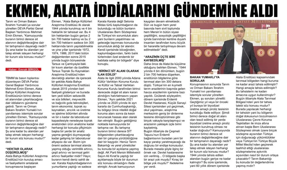 EKMEN, ALATA İDDİALARINI GÜNDEMİNE ALDI — gazete kupürü
