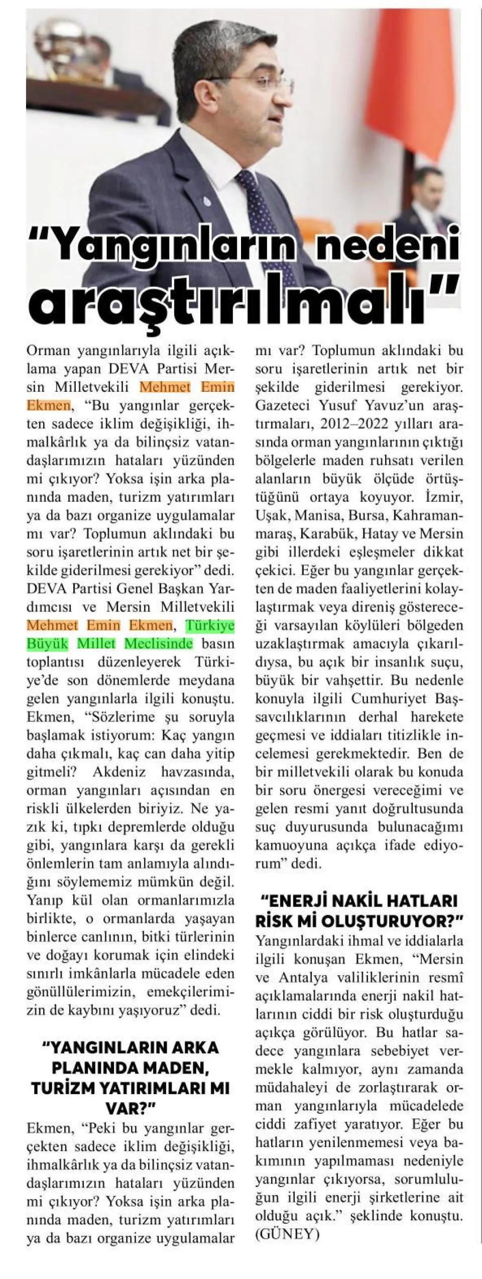"YANGINLARIN NEDENİ ARAŞTIRILMALI" — gazete kupürü