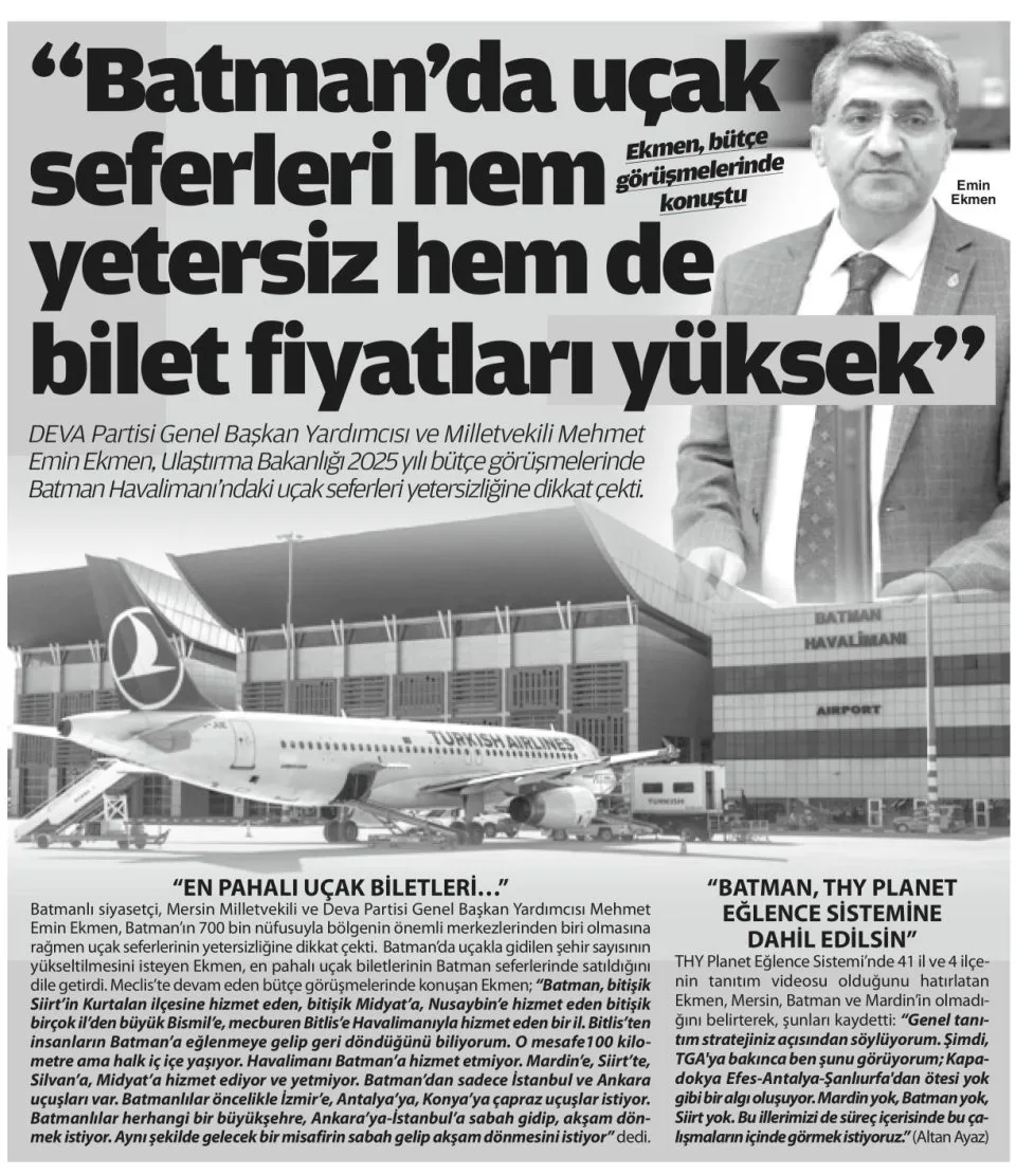 BATMAN'DA UÇAK SEFERLERİ HEM YETERSİZ HEM DE BİLET FİYATLARI YÜKSEK" — gazete kupürü