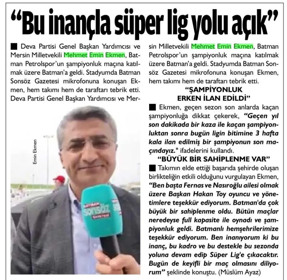 "BU İNANÇLA SÜPER LİG YOLU AÇIK" — gazete kupürü