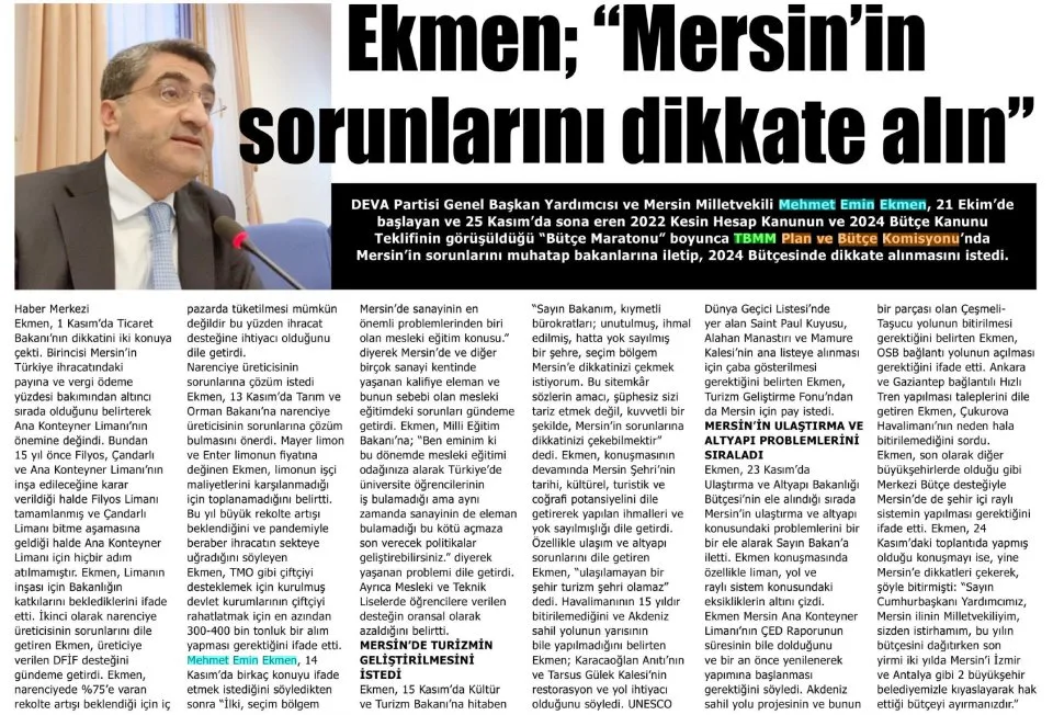 EKMEN; "MERSİN'İN SORUNLARINI DİKKAT ALIN" — gazete kupürü