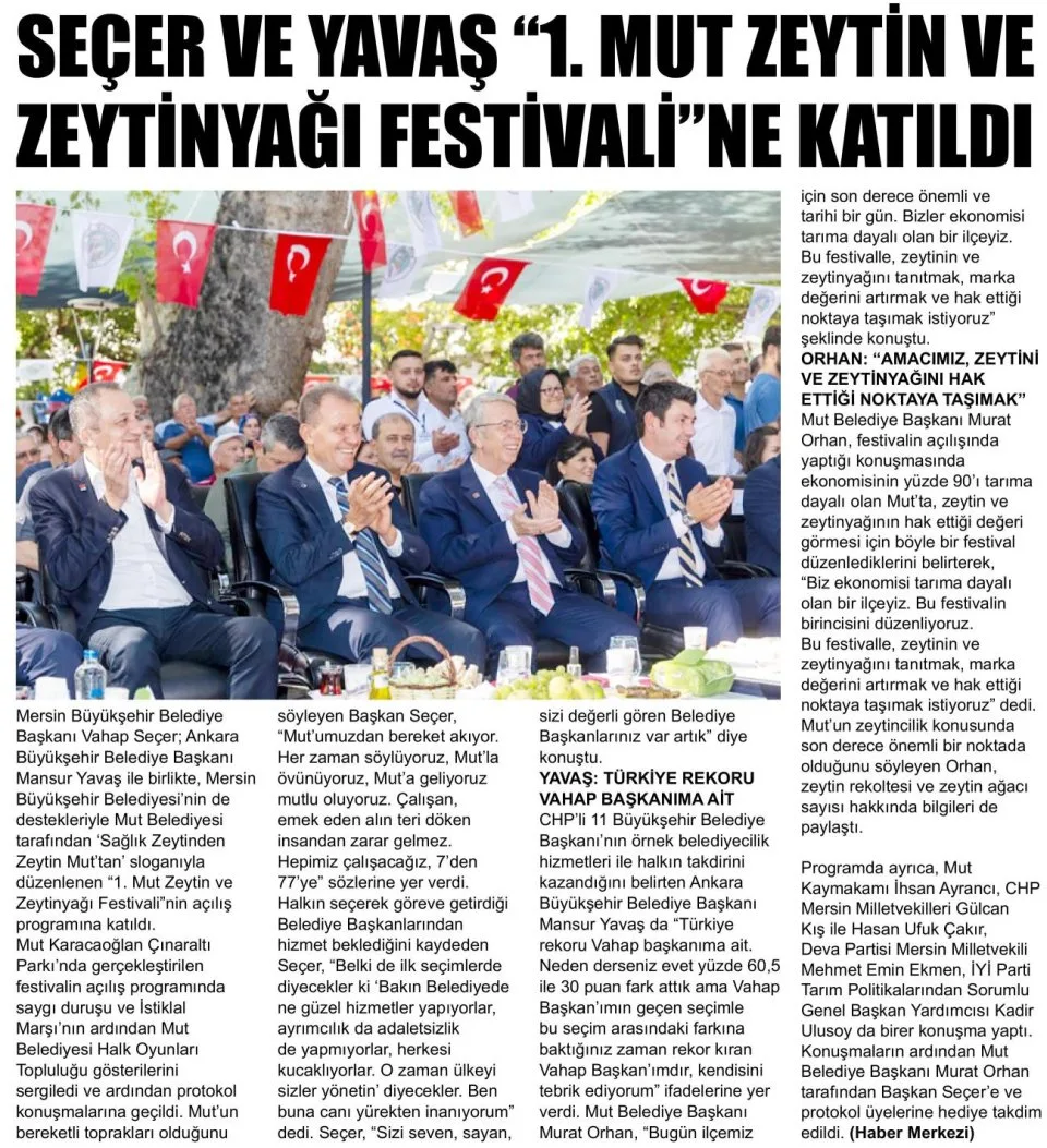 SEÇER VE YAVAŞ 1.MUT ZEYTİN VE ZEYTİNYAĞI FESTİVALİNE KATILDI — gazete kupürü