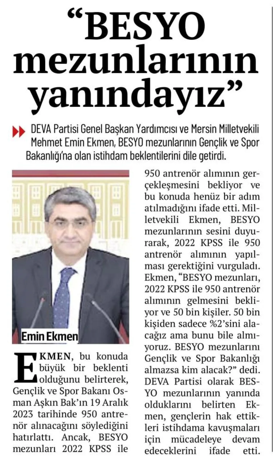 BESYO MEZUNLARININ YANINDAYIZ" — gazete kupürü