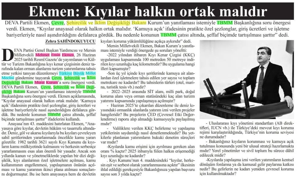 EKMEN : KIYILAR HALKIN ORTAK MALIDIR — gazete kupürü