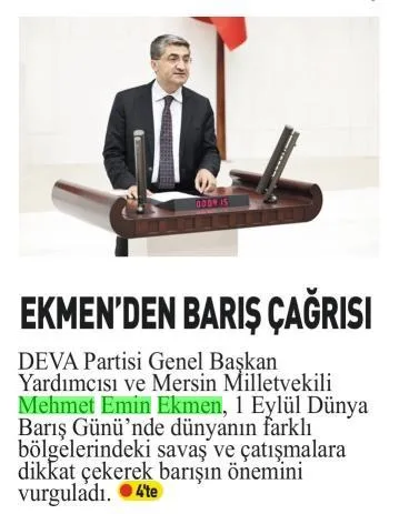 EKMEN'DEN BARIŞ ÇAĞRISI — gazete kupürü