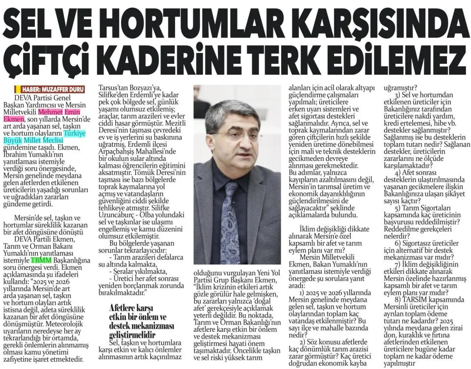 "ÇİFTÇİ KADERİNE TERK EDİLEMEZ" — gazete kupürü