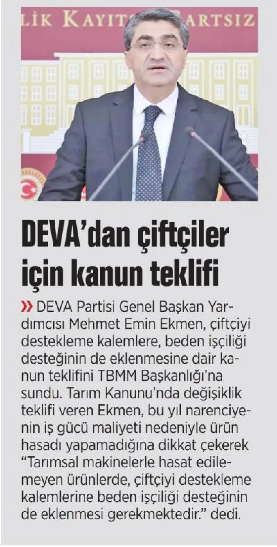 DEVA'DAN ÇİFTÇİLER İÇİN KANUN TEKLİFİ — gazete kupürü