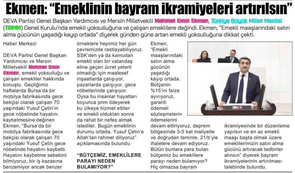 EKMEN: EMEKLİNİN BAYRAM İKRAMİYELERİ ARTIRILSIN — gazete kupürü