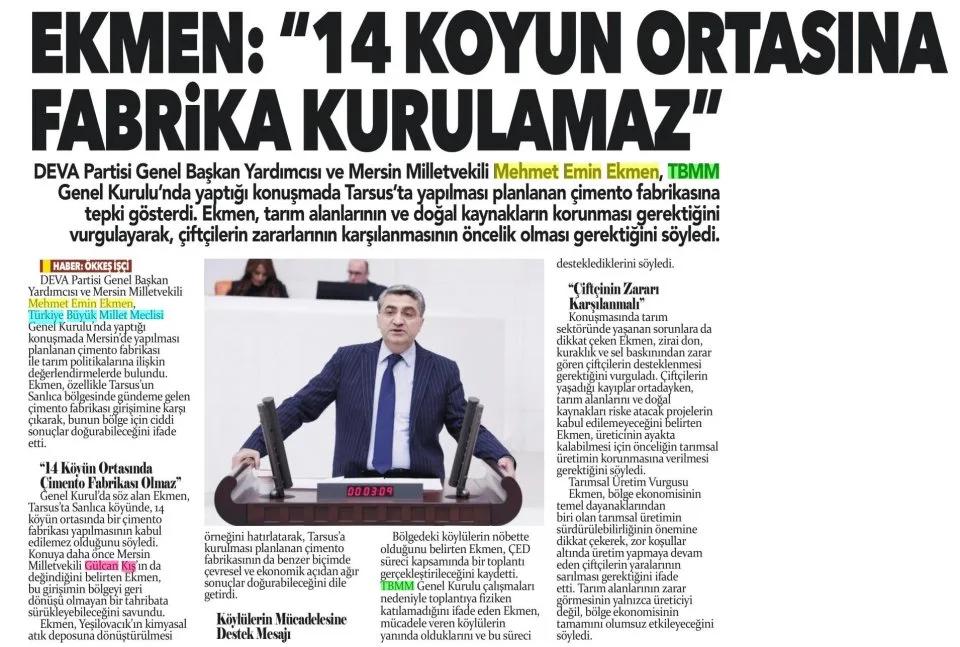 EKMEN: "14 KÖYÜN ORTASINA FABRİKA KURULAMAZ" — gazete kupürü