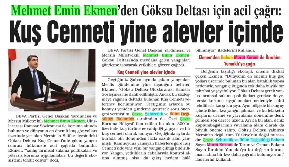 MEHMET EMİN EKMEN'DEN GÖKSU DELTASI İÇİN ACİL ÇAĞRI — gazete kupürü