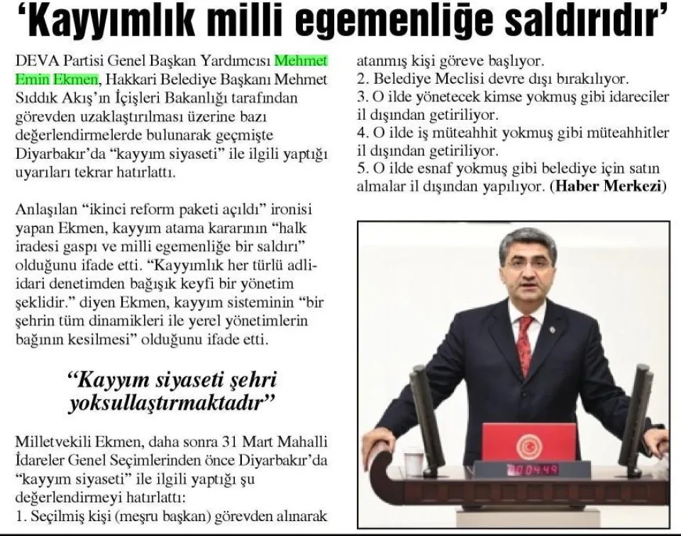 'KAYYIMLIK MİLLİ EGEMENLİĞE SALDIRIDIR' — gazete kupürü