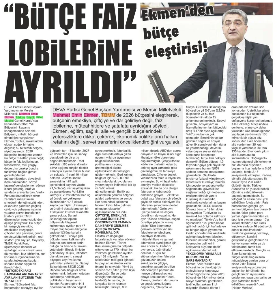 BÜTÇE FAİZ LOBİLERİNE AYRILDI — gazete kupürü