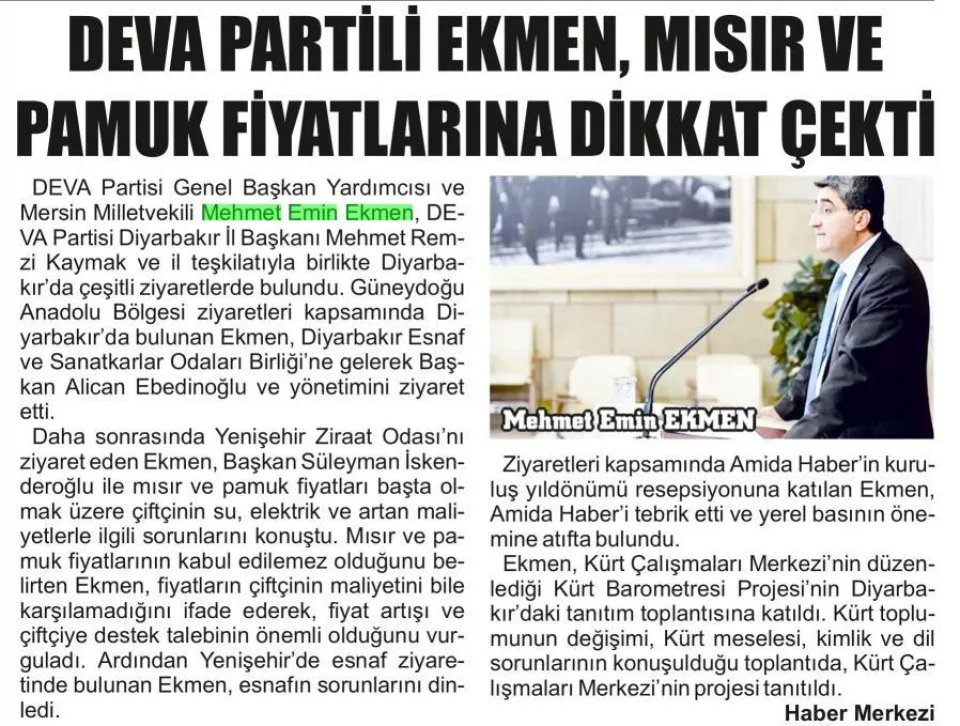DEVA PARTİLİ EKMEN, MISIR VE PAMUK FİYATLARINA DİKKAT ÇEKTİ — gazete kupürü
