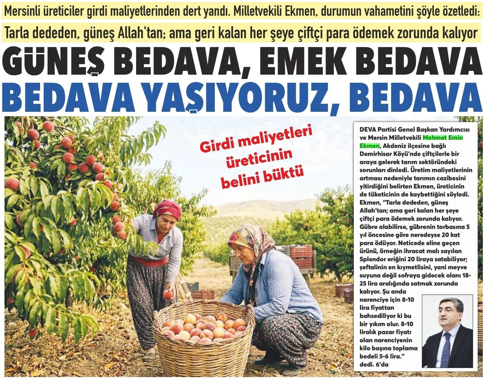 GÜNEŞ BEDAVA EMEK BEDAVA BEDAVA YAŞIYORUZ BEDAVA — gazete kupürü
