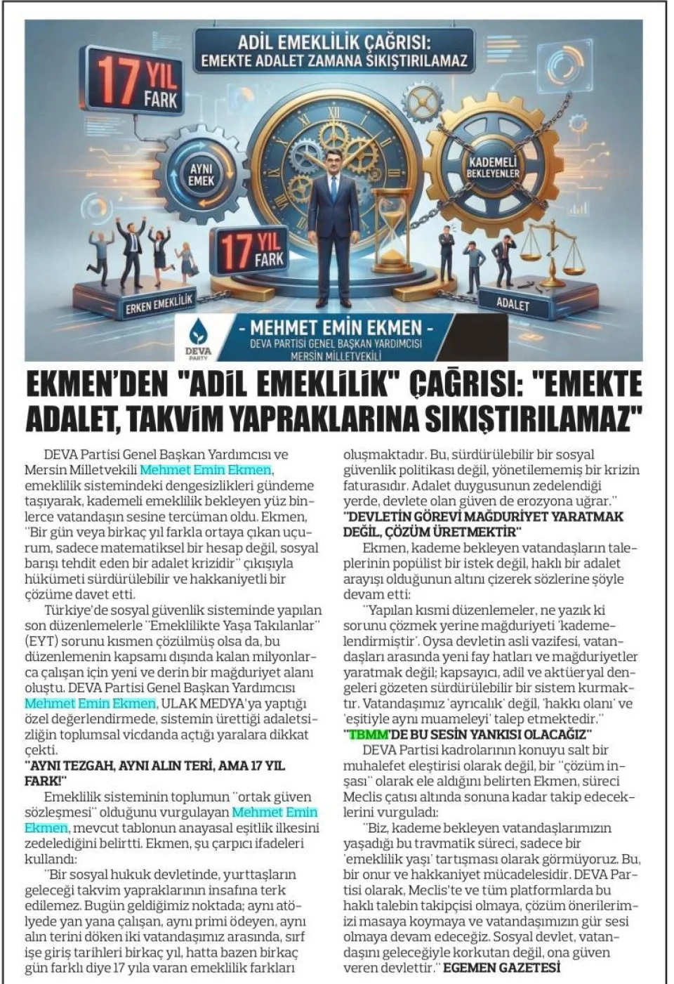 EKMEN'DEN "ADİL EMEKLİLİK"ÇAĞRISI — gazete kupürü