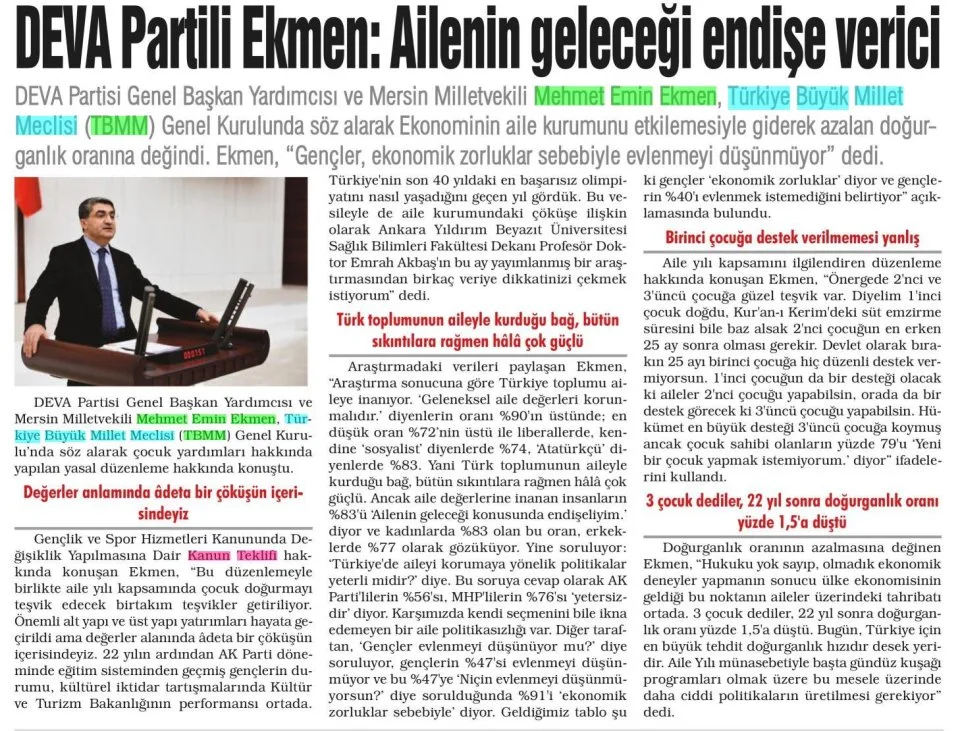 DEVA PARTİLİ EKMEN: AİLENİN GELECEĞİ ENDİŞE VERİCİ — gazete kupürü