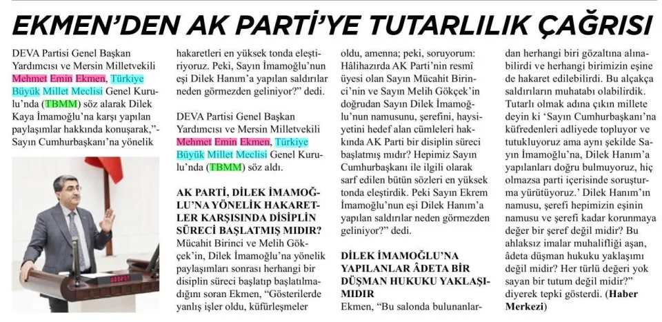EKMEN'DEN AK PARTİ'YE TUTARLILIK ÇAĞRISI — gazete kupürü
