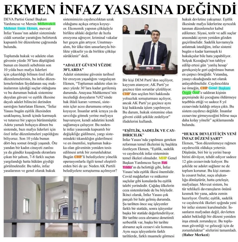 "İNFAZ YASASI ADALET GÜVENİNİ SARSIYOR" — gazete kupürü