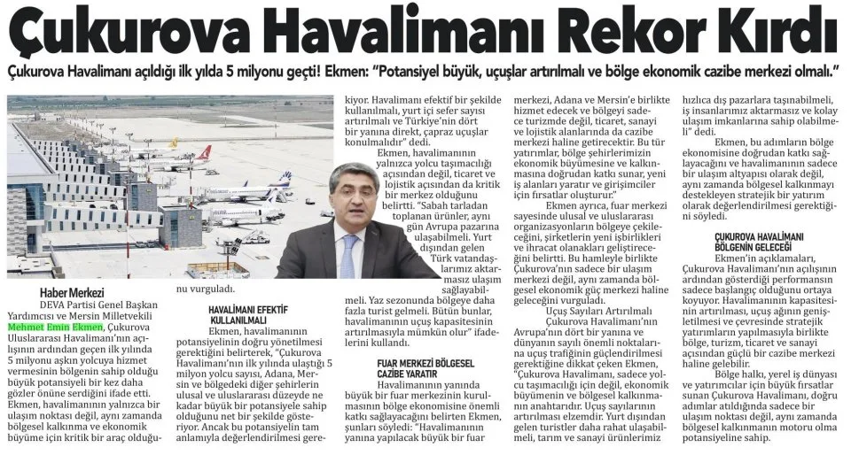 ÇUKUROVA HAVALİMANI REKOR KIRDI — gazete kupürü