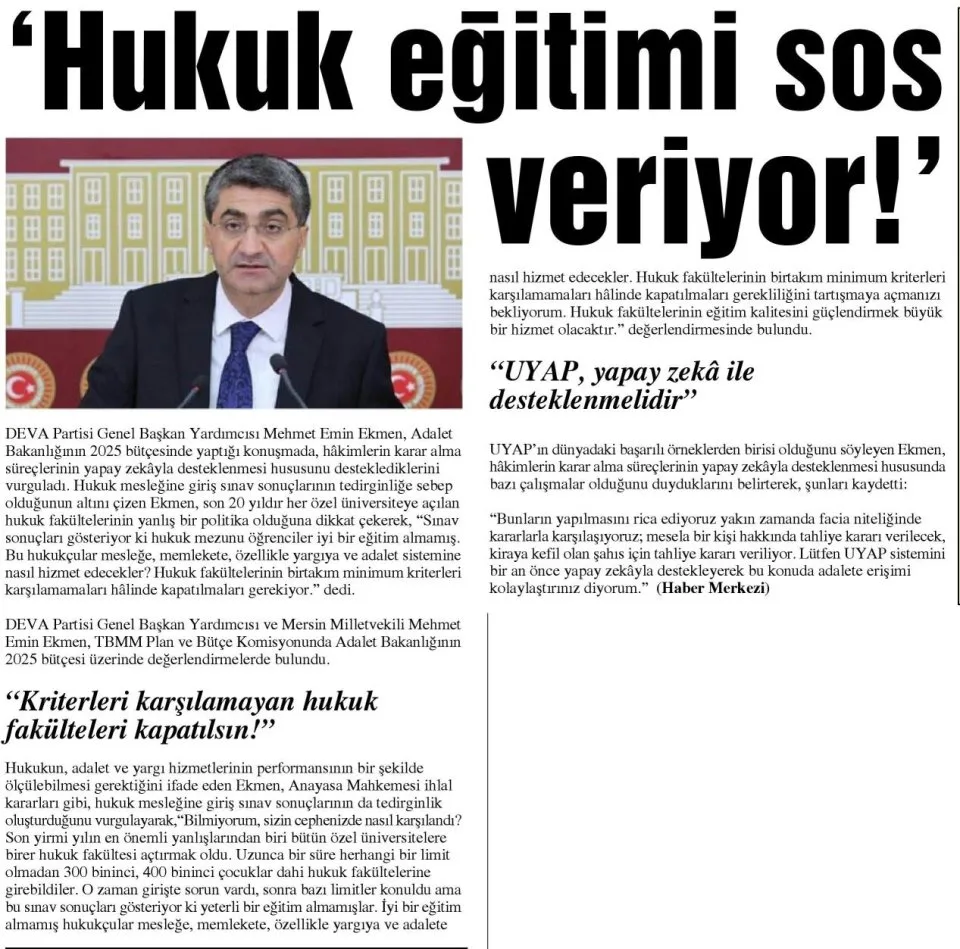 'HUKUK EĞİTİMİ SOS VERİYOR!' — gazete kupürü