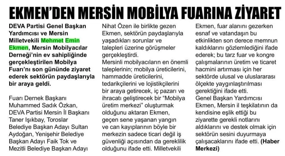 EKMENDEN MERSİN MOBİLYA FUARINA ZİYARET — gazete kupürü