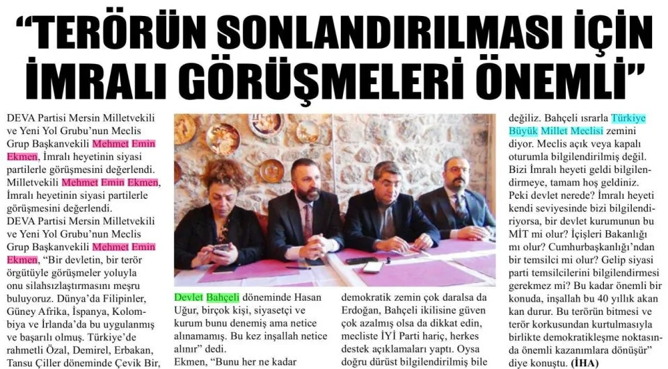TERÖRÜN SONLANDIRILMASI İÇİN İMRALI GÖRÜŞMELERİ ÖNEMLİ" — gazete kupürü