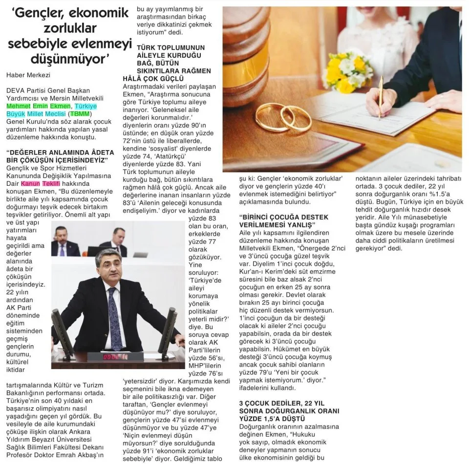 'GENÇLER, EKONOMİK ZORLUKLAR SEBEBİYLE EVLENMEYİ DÜŞÜNMÜYOR — gazete kupürü