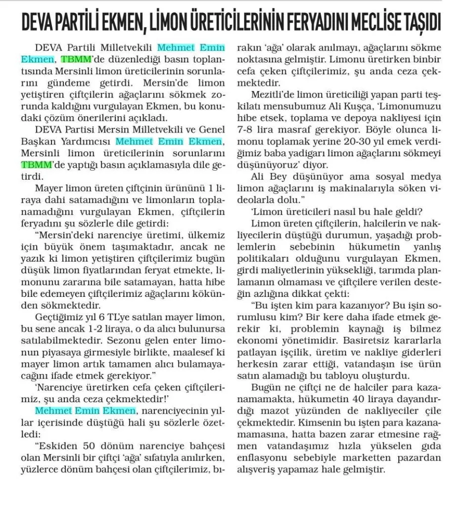 DEVA PARTİLİ EKMEN, LİMON ÜRETİCİLERİNİN FERYADINI MECLİSE TAŞIDI — gazete kupürü