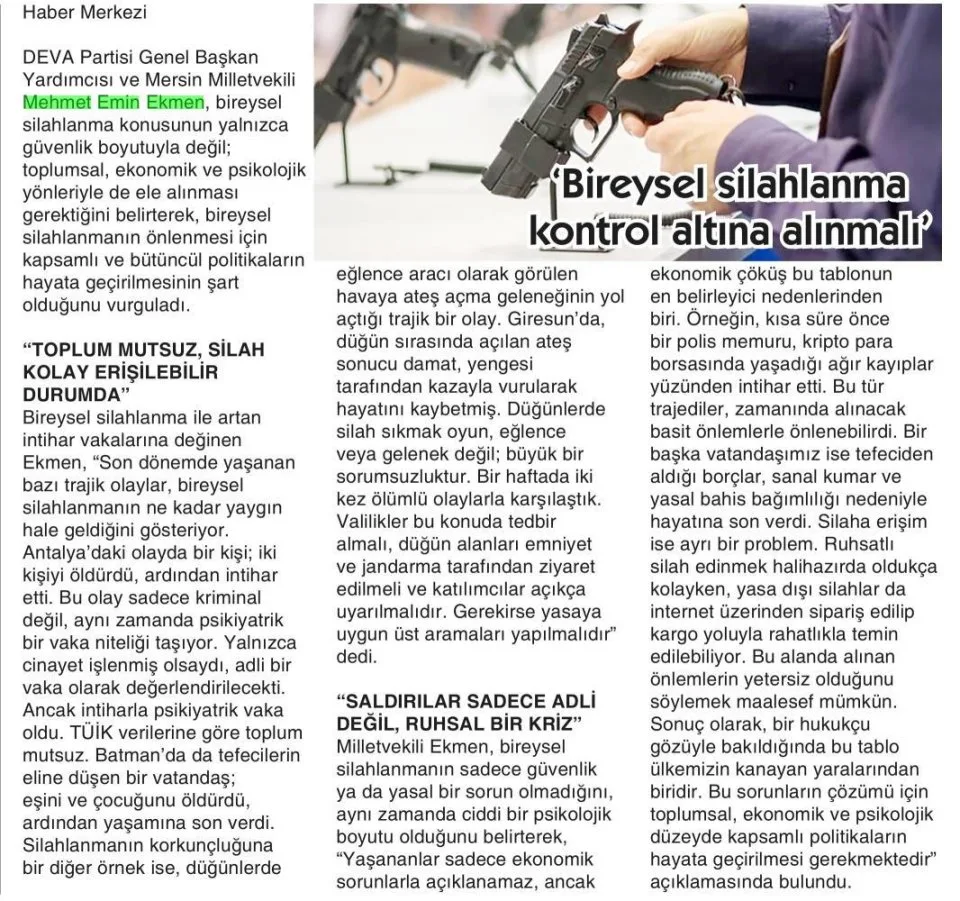 'BİREYSEL SİLAHLANMA KONTROL ALTINA ALINMALI' — gazete kupürü