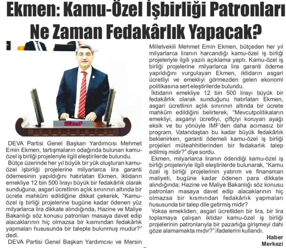 EKMEN: KAMU-ÖZEL İŞBİRLİĞİ PATRONLARI NE ZAMAN FEDAKÂRLIK YAPACAK? — gazete kupürü