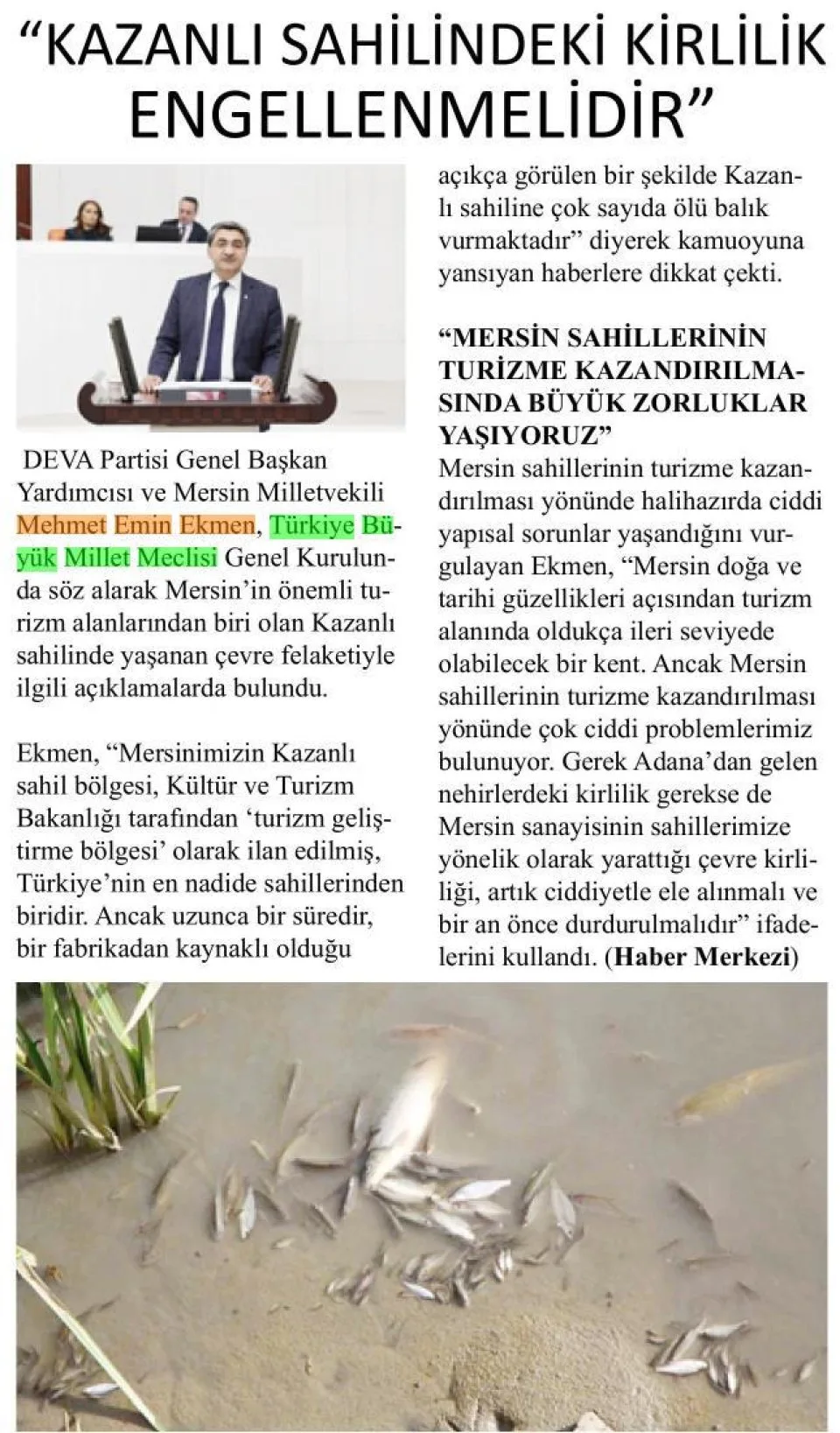 EKMEN KAZANLI SAHİLİNE DİKKAT ÇEKTİ — gazete kupürü