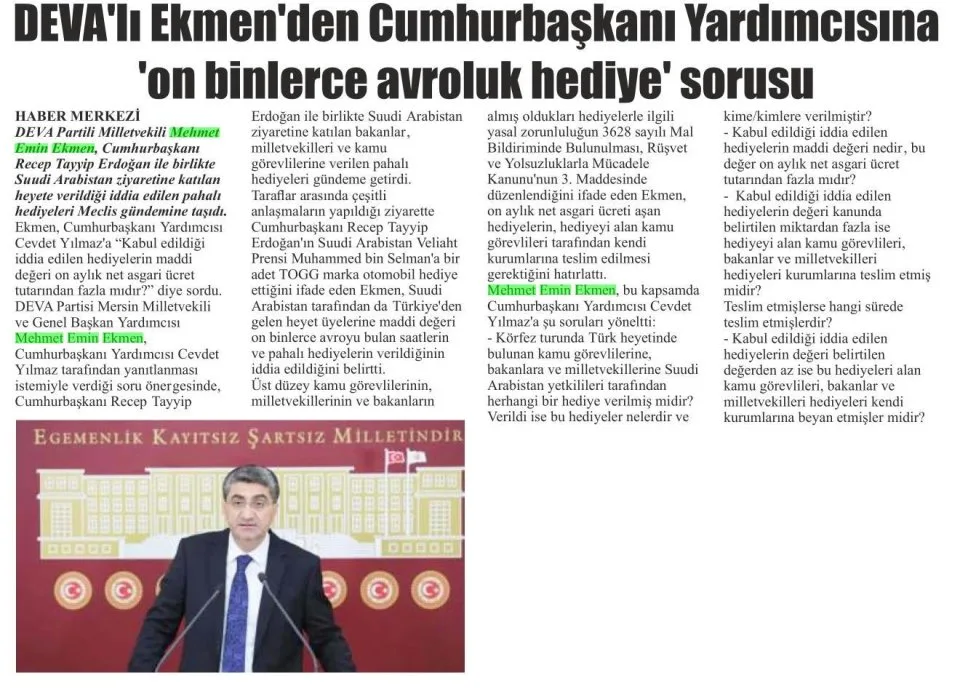 DEVA'LI EKMEN'DEN CUMHURBAŞKANI YARDIMCISINA 'ON BİNLERCE AVROLUK HEDİYE' SORUSU — gazete kupürü