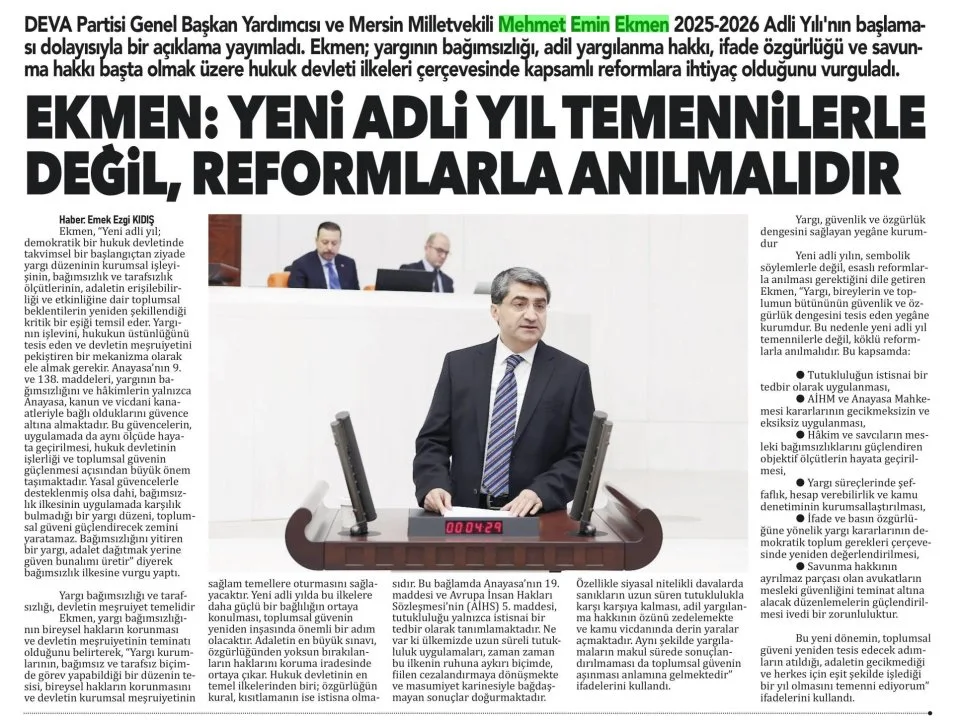 EKMEN: YENİ ADLİ YIL TEMENNİLERLE DEĞİL, REFORMLARLA ANILMALIDIR — gazete kupürü