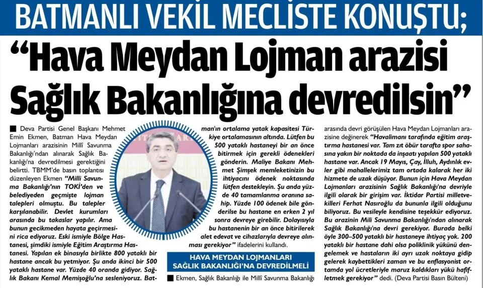 BATMANLL VEKİL MECLİSTE KONUŞTU — gazete kupürü