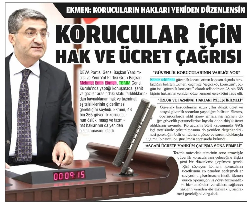 KORUCULAR İÇİN HAK VE ÜCRET ÇAĞRISI — gazete kupürü