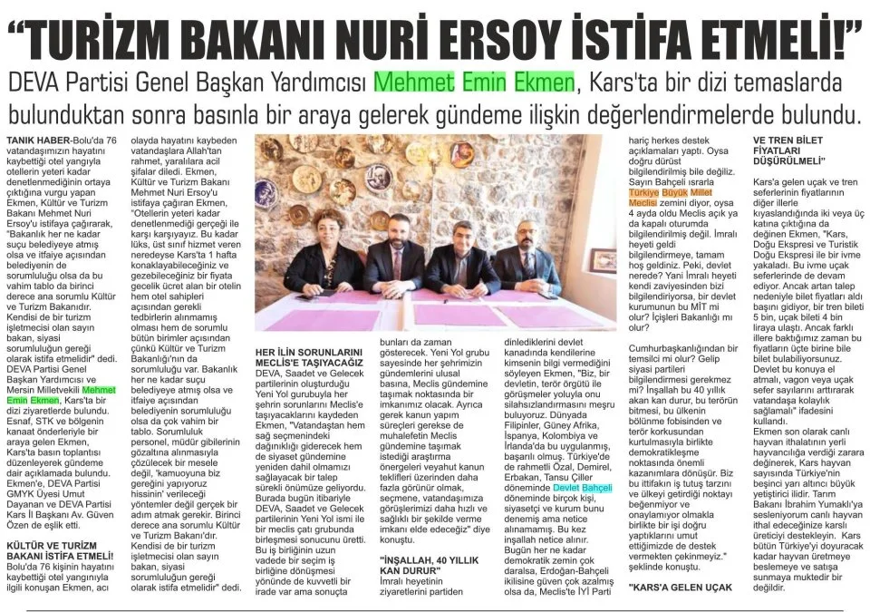 TURİZM BAKANI NURİ ERSOY İSTİFA ETMELİ!" — gazete kupürü