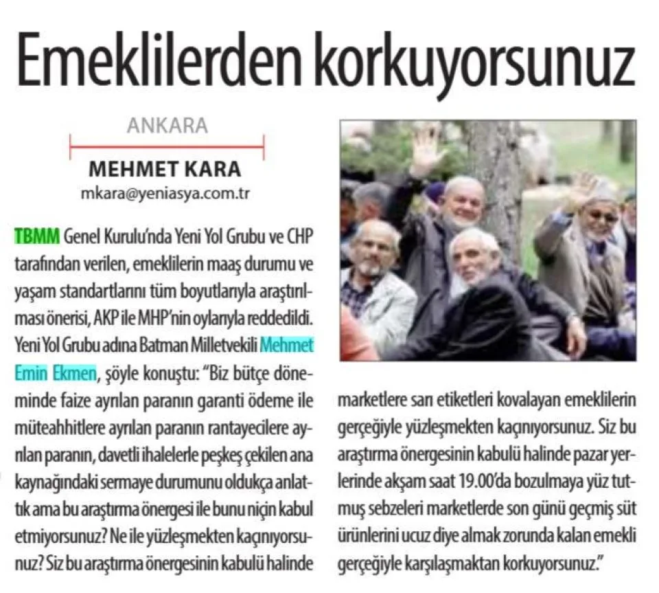 EMEKLİLERDEN KORKUYORSUNUZ — gazete kupürü