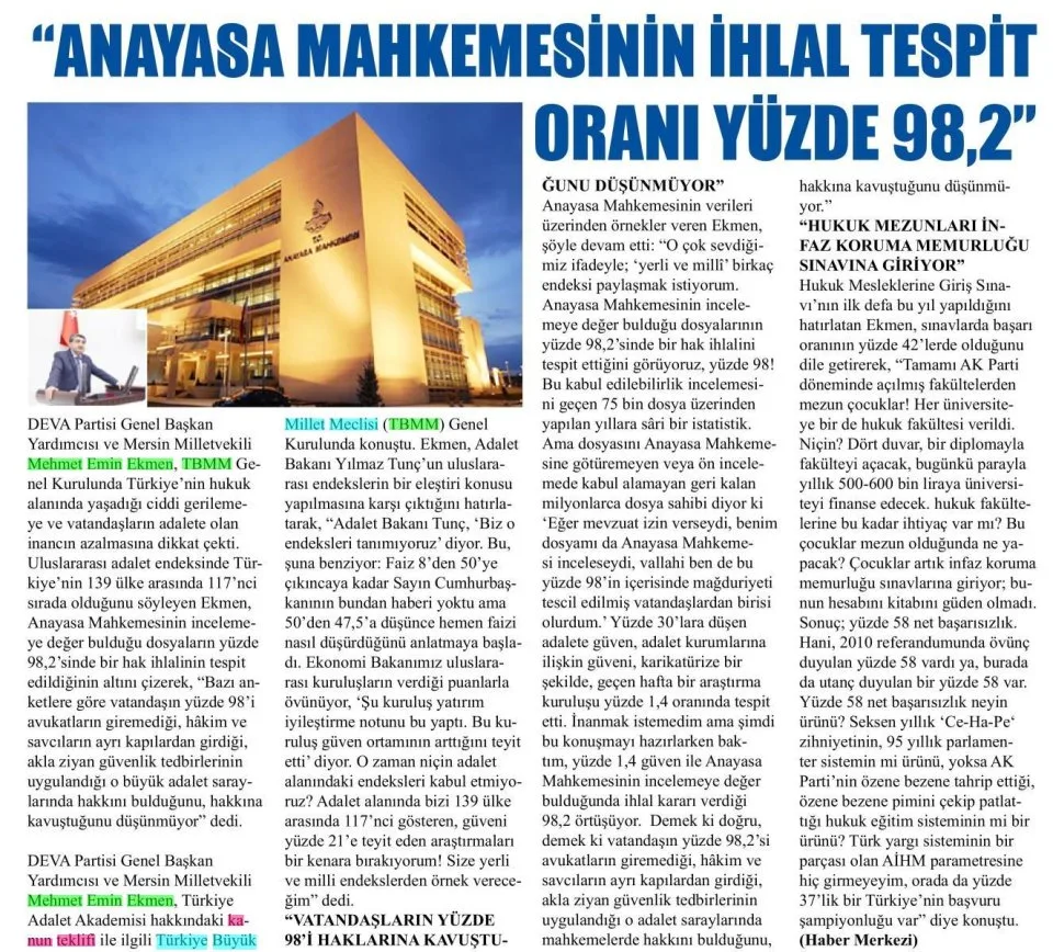 "ANAYASA MAHKEMESİNİN İHLAL TESPİT ORANI YÜZDE 98,2" — gazete kupürü