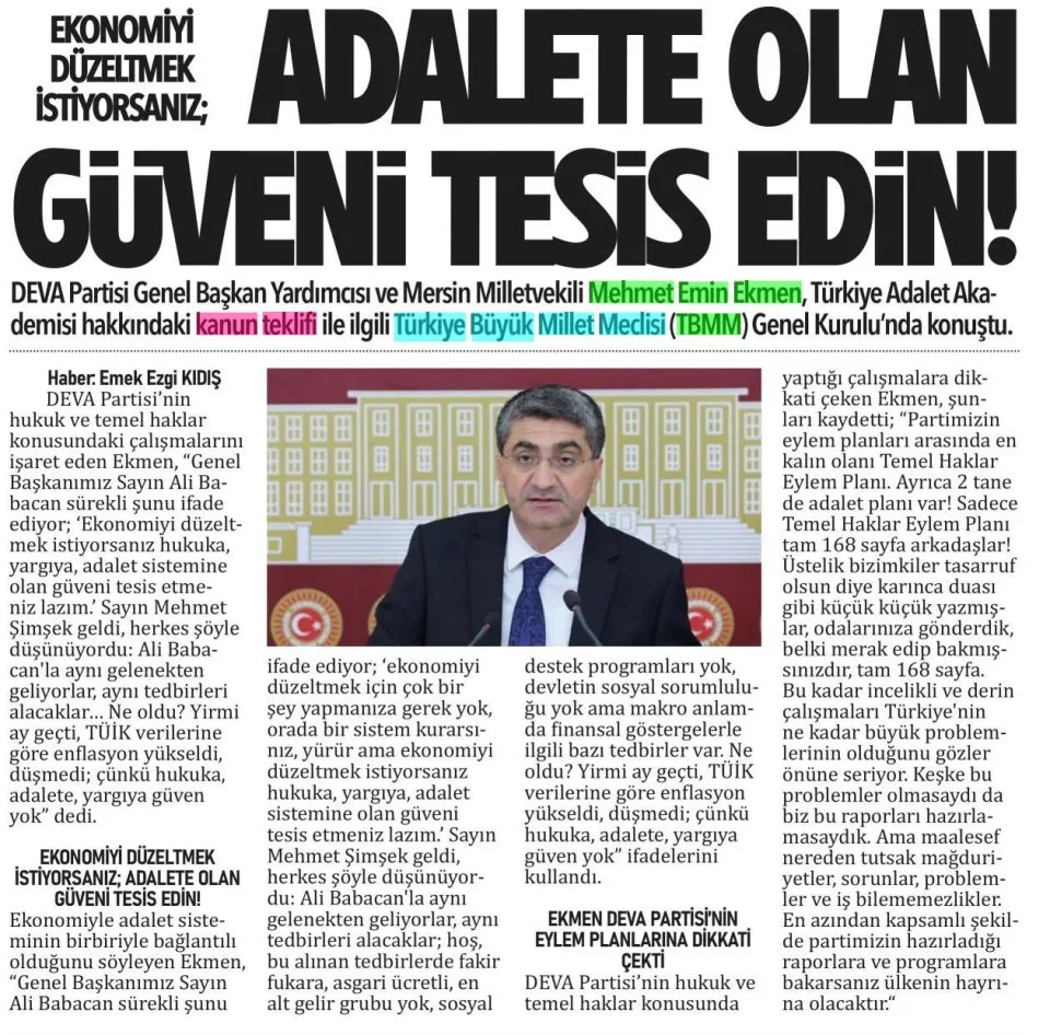 ADALETE OLAN GÜVENLİ TESİS EDİN! — gazete kupürü