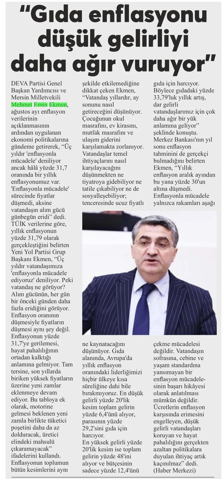 "YÜKSEK ENFLASYON DAR GELİRLİYİ VURUYOR" — gazete kupürü (2. parça)