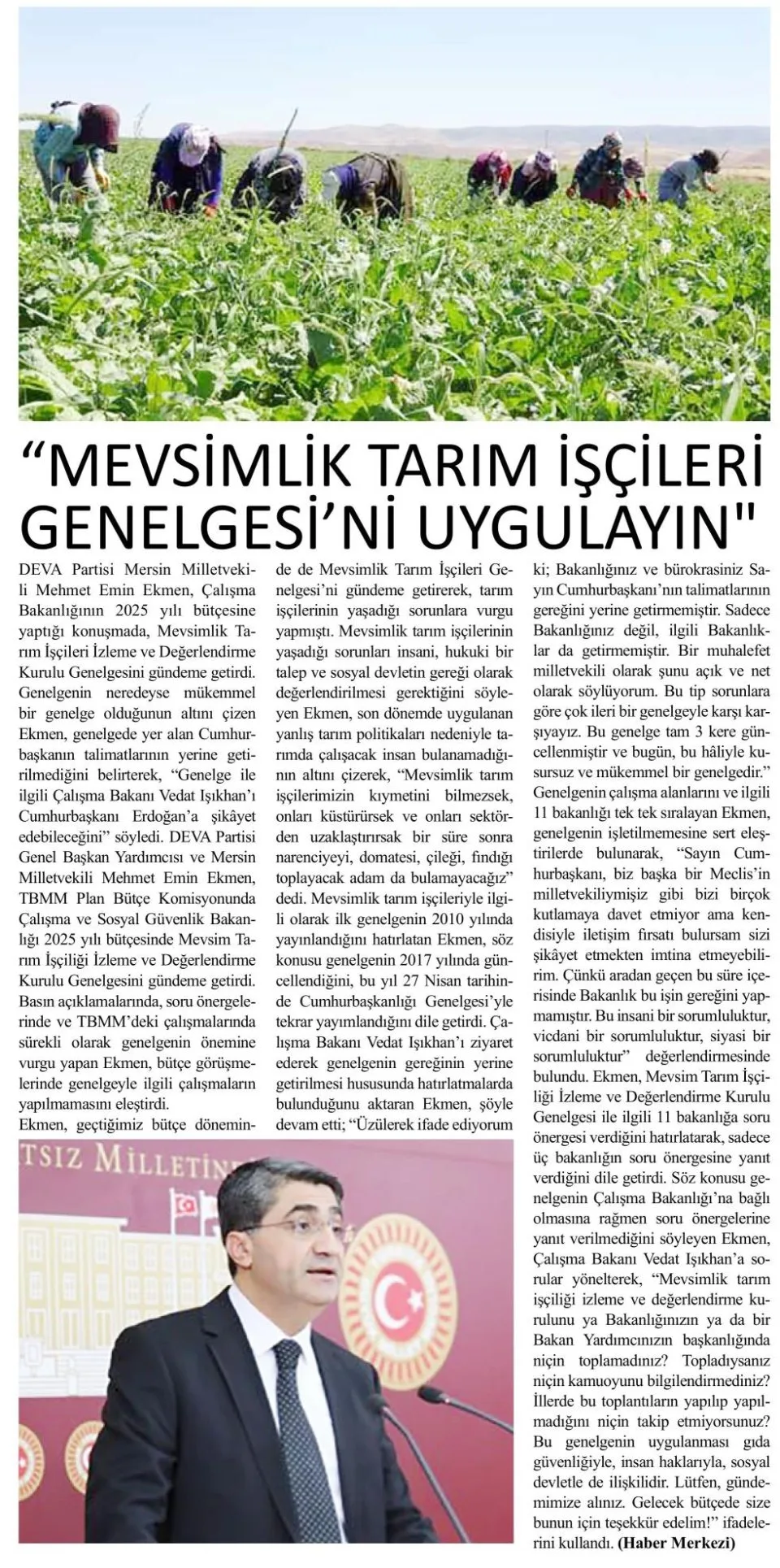 ''MEVSİMLİK TARIM İŞÇİLERİ GENELGESİ'Nİ UYGULAYIN'' — gazete kupürü