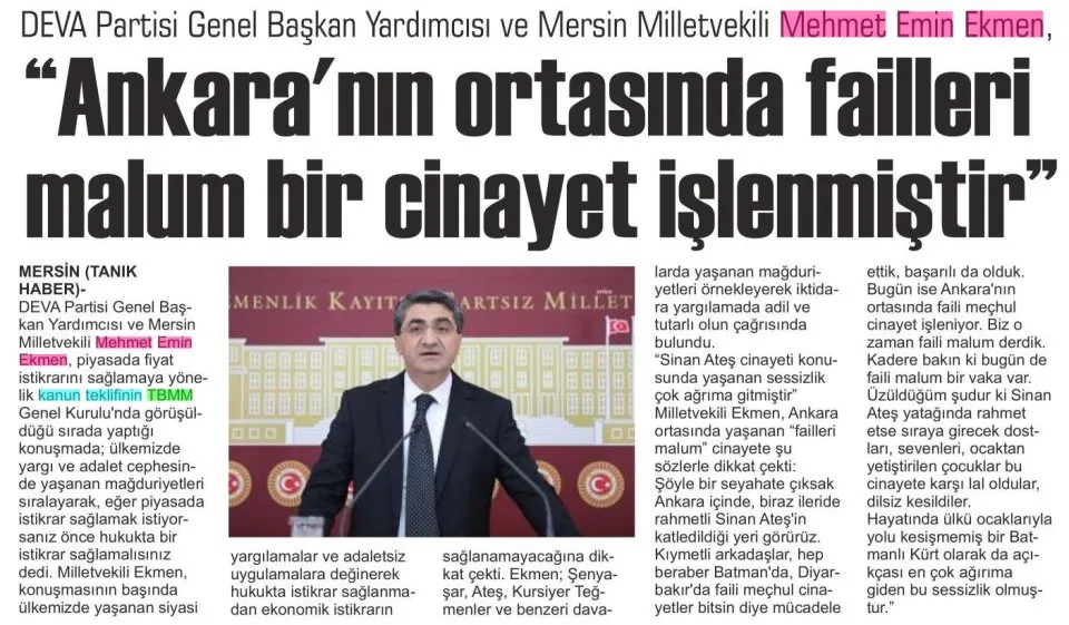 ANKARANIN ORTASINDA FAİLLERİ MALUM BİR CİNAYET İŞLENMİŞTİR — gazete kupürü