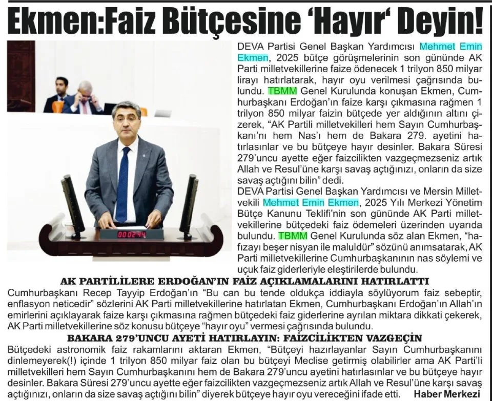 EKMEN FAİZ BÜTÇESİNE HAYIR DEYİN — gazete kupürü