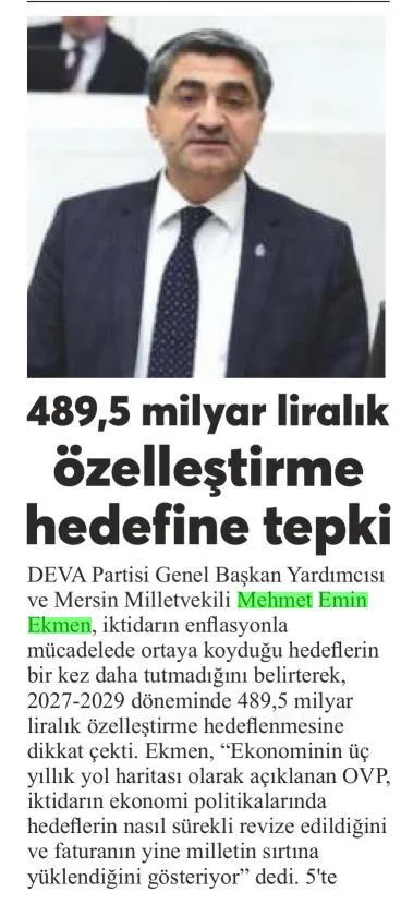 489,5 MİLYAR LİRALIK ÖZELLEŞTİRME HEDEFİNE TEPKİ — gazete kupürü